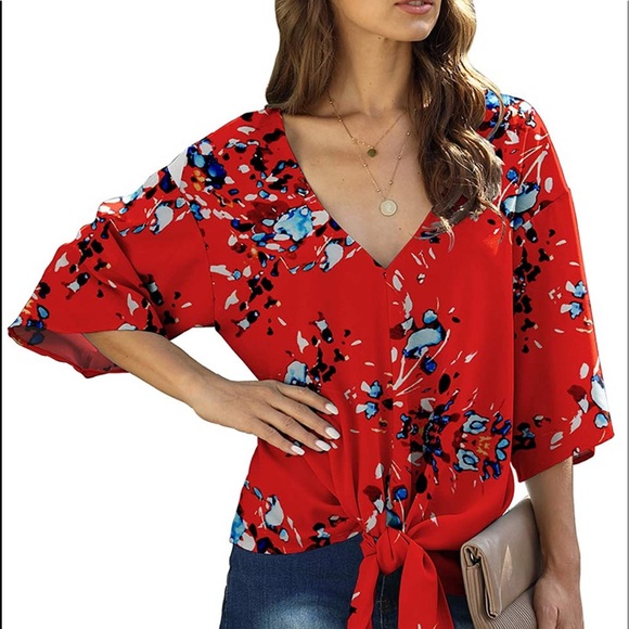 Tie Front Tops 3/4 Sleeve Loose V-Neck Blouse - Picture 5 of 10